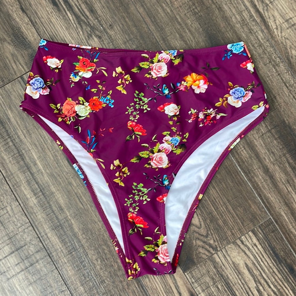 Purple Floral High Waisted Bikini Bottom